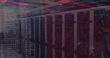 Sunucu koridoru görünümü başlatma kodu geçişi kırmızı tarama çubuğunda kayboluyor ve veriyi görselleştiriyor. Teknoloji, siber güvenlik, dijital, veri altyapısı, ağ, bilgi, modern