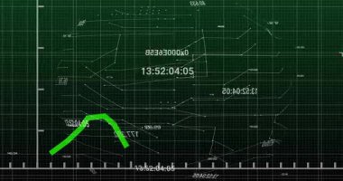 Izgara görüntüleme, zaman damgalarında yükselen ve alçalan yeşil çizgi grafiği veri içgörüsü veriyor. Analitik, dinamik, modern, teknoloji, veri, kesinlik, grafik