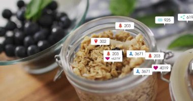 Granola kavanozunun etrafında beliren bir avuç dolusu sosyal ikon artan nişan numaralarını gösteriyor ve sonra da kayboluyor. Organik, sağlıklı, doğal, canlı, toplum, etkileşim, beslenme