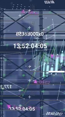 Şehir manzarası üzerinde finansal veri işleme animasyonu. Küresel iş, bilgisayar, bağlantılar, dijital arayüz ve veri işleme kavramı dijital olarak oluşturuldu.