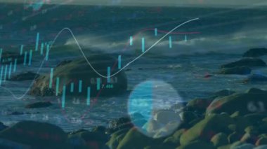 Candlestick çubuklarını gösteren kayalık kıyı şeridi açılıyor soluk çizelgeler çizerek verileri birleştiriyor. Deniz manzarası, veri görselleştirme, analitik, soyut, deniz, dijital, grafikler