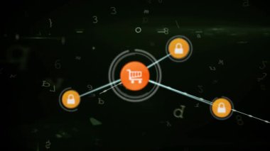 Siyah arkaplan üzerinde bağlantı ağı ve asma kilit simgesi animasyonu. küresel bağlantılar ve dijital arayüz konsepti dijital olarak oluşturulmuş video.