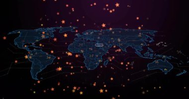 Mavi kablo dünya haritasını başlatan sürüklenen parçacıklar ağ gösteren veri simgelerini birleştiriyor. Fütürist, dijital, bağlantı, teknoloji, soyut, ağ, yenilik