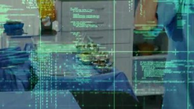 Cerrah hazırlık odasına giriyor. Yeşil kod kaplamasını etkinleştiriyor. Maske kayışlarını steril hale getiriyor. Tıbbi, sağlık, steril, dijital, geleceksel, profesyonel, laboratuvar