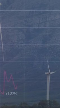 Çayırlar üzerinde dönen yel değirmeni üzerinde istatistiksel veri işleme animasyonu. İş verileri ve yenilenebilir enerji teknolojisi kavramı