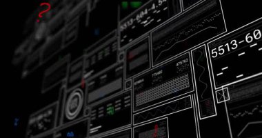 Yüzen arayüz panelleri, gerçek zamanlı görselleştirme için 3 boyutlu veri ızgarası oluşturur. Teknoloji, veri, görselleştirme, gelecek, yenilik, dijital, analitik