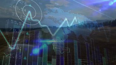 Çizelgelerin açılışı solan ve dalgalanan çizgi işaretleme zirveleri, dünya haritası pazar eğilimlerini gösteriyor. Bilgi, veri görselleştirme, kentsel, profesyonel, modern, analitik, finans