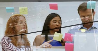 Kızıl saçlı kadının işaret ettiği not iş zamanı güncellemesine neden oluyor cam tahtada yapışkan notlar taşıyor. İşbirliği, takım çalışması, stratejik planlama, modern ofis, yenilik, beyin fırtınası, profesyonel gelişim