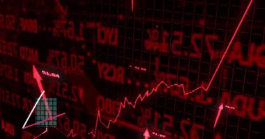 Kırmızı ok ortaya çıkıyor, turkuaz ve turuncu çubuklar yükseliyor ve kayıyor piyasa dalgalanmalarını takip eden çizgiler. Maliye, borsa, veri analizleri, görselleştirme, yatırım, dijital görüntü, eğilim analizi