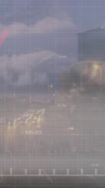 Şehirdeki finansal verilerin ve grafiklerin animasyonu. Dijital olarak oluşturulan küresel iletişim, finans ve teknoloji konsepti.