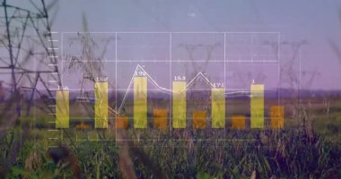 Sarı çubuk sol kenarda beliriyor ve çim üzerindeki veri eğilimleri için değişimlere ve grafiğe neden oluyor. Analizler, görselleştirme, veri, teknoloji, ilerleme, minimalizm, dijital