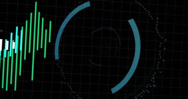 Izgara kaplaması, HUD halkalarını döndürerek kredi kartını canlandırırken yükselen tetik çubuklarını tetikler. Güvenlik, dijital arayüz, siber güvenlik, animasyon, teknoloji, veri görselleştirme, finans