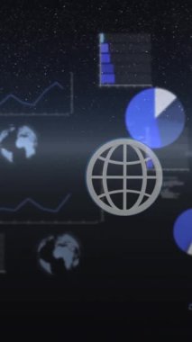 Uzaydaki yıldızlar üzerinde birden fazla grafik, küre ve bilgisayar dilinin animasyonu. Dijital olarak üretilmiş, hologram, illüstrasyon, rapor, iş dünyası, küreselleşme, kodlama ve teknoloji kavramı.