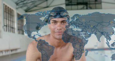 Yüzücü havuz kenarına odaklanan kamera, teknoloji dünyası haritası gülümseyerek veri ağına yayılıyor. Sporcu, dijital ağ, yenilik, bağlantı, modern, aksiyon, teknoloji