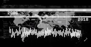 Şebeke başlatma dünya haritası verileri, dalga biçimi atımları, etiketler kayması, histogram izleme eğilimi oluşturma. Veri görselleştirme, dijital arayüz, küresel analitik, teknoloji, fütürist, ağ, bilgi