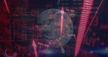 Çizelgeler ve kod pencereleriyle arayüzün merkezinde yarı saydam dijital Dünya küresi gösteriliyor. Teknoloji, finans, veri görselleştirme, dijital, fütüristik, analitik, yenilik