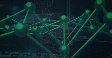 Güvenlik riskini görselleştirmek için yeşil üç boyutlu kafes etrafında dönen ve kafatası riskini ortaya çıkaran bir kod. Gelecekçi, dijital, siber güvenlik, soyut, teknoloji, ağ, neon