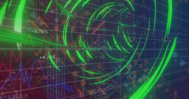 Dönen neon yeşil halkalar koyu mavi ızgara üzerinde dönüyor, kırmızı çizelgeleri ve yüzdelik etiketleri var. Fütüristik, veri, görselleştirme, yüksek teknoloji, dijital arayüz, analiz