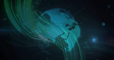 Siber uzayda kıtaları, veri kurdeleleri, asma kilit, bulut ve dünya simgeleri olan dünyayı gösteriyor. Teknoloji, siber güvenlik, veri transferi, dijital ağ, küresel bağlantı, geleceksel tasarım, bilgi güvenliği