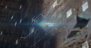 Yıpranmış dış bina duvarında çatlaktan filizlenen küçük bir dal parçası var. Dijital grafiklerle. Dokular, çürüme, büyüme, teknoloji, kentsel, modern, esneklik