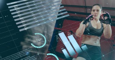 Spor salonunda egzersiz kıyafetleri giymiş, eldiven odaklı eldiven takan sporcu. Fitness, training, strength, innovation, determination, performance, technology