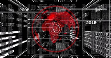 Veri koridorunda dairesel arayüzün üzerinde kırmızı dünya haritası yansıtılıyor. Siber güvenlik, veri görselleştirme, fütüristik, dijital arayüz, sunucu odası, teknolojik, dalgın