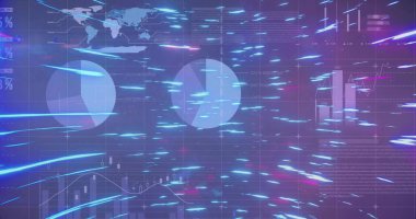 Turta grafikleri ve dünya haritası örtüsüyle torpido gözünde hareket eden neon veri akışlarını gösterir. Fütürist, dijital, görselleştirme, analitik, arayüz, yüksek teknoloji, finansal