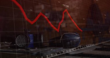 Kırmızı çizelge ofis masasında, fare, kulaklık, takoz, şebeke örtüsü, 52.68 etiket ile trend oluyor. Teknoloji, analitik, finans, veri görselleştirme, üretkenlik, modern, dijital