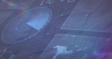 Dairesel radar taraması dijital panelde, şebeke örtüsü, paneller, harita çizgisi, işaret fişekleri ile. Teknoloji, arayüz, holografik, geleceksel, veri görselleştirme, dijital, ilerleme