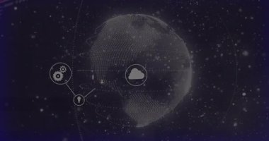 Karanlık alan, simgeler bağlanırken dünyayı döndürür ve kod kaydırır, ağı görselleştirir. Teknoloji, bağlantı, siber alan, dijital, veri, yenilik, güvenlik