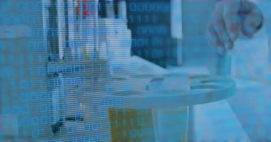 Senior scientist hovering hand over laboratory tray lifting samples and observing binary readout. Research, analysis, instrumentation, precision, innovation, technology, investigation