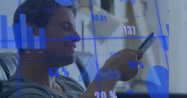 Man tapping smartphone screen on sofa and activating finance bar charts for monitoring percentages. Technology, data, analytics, finance, digital, modern, casual