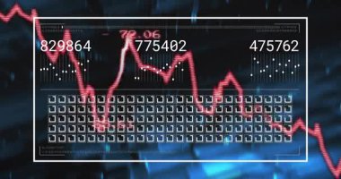Interface loading, red line graph animating inside white frame, metrics updating to visualize data. Technology, analytics, data, dashboard, finance, visualization, digital