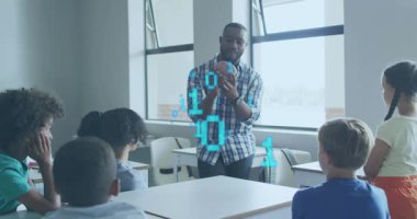 Teacher gripping sphere model rotating, binary digits pulsing around engaging kids in coding lesson. Education, classroom, technology, learning, collaboration, innovation, digital