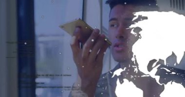 Businessman holding smartphone speaking by window, code rotating globe visualizing tech network. Technology, innovation, connectivity, communication, metropolis, digital, workspace