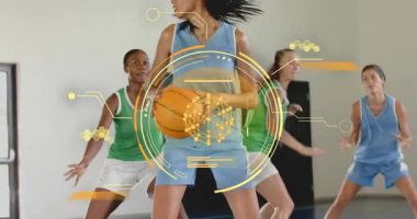 Basketball guard grabbing ball at key for scoring, pivoting shot, green defender leaping to block. Athletics, competition, teamwork, sport, motion, energy, intensity