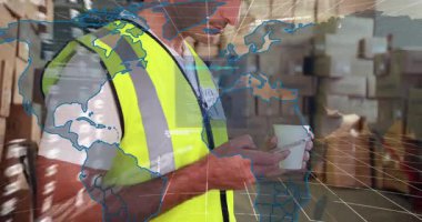 Logistics worker tapping smartphone activating world map overlay visualizing logistics network. Supply chain, distribution, operational, technology, enterprise, industrial, connectivity