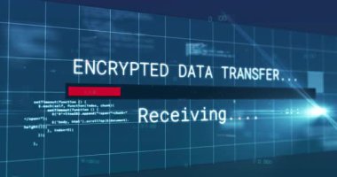 Secure transfer starting with scrolling code, extending bar to represent receiving, shifting out. Cybersecurity, dataflow, digitaltech, network, information, technology, cyber