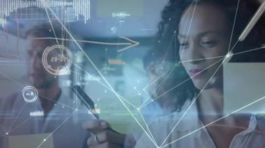 team sticking notes and marking glass generating network becoming opaque in business idea session. Collaboration, brainstorming, innovation, digital, technology, teamwork, professional