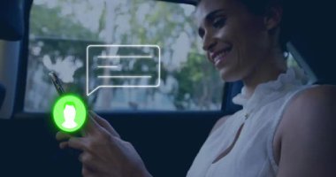 Woman sitting backseat scrolling phone chatting after icon appearing and reading technology bubble. Digital, communication, modern, lifestyle, urban, vibrant, connectivity