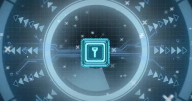 Üzerinde parlayan çip görünüyor. Şifreleme gösteren sembollerle dönen halkayı etkinleştiriyor. Siber güvenlik, dijital, teknoloji, yenilik, güvenlik, veri, fütüristik