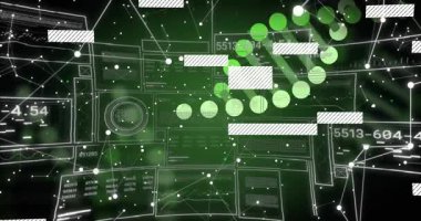 Izgara göründüğünde, yeşil düğümler DNA sarmalında toplanıp verileri görselleştirirken paneller içeri kayar. Teknoloji, yenilik, veri, görselleştirme, bilim, dijital, devre