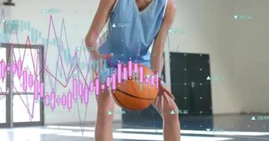 Basketbolcunun top sürmesine ve duruşunu değiştirmesine odaklanan kamera, sahada nabız atan finans verileri. Sporcu, spor, eğlence, spor, spor, antrenman, rekabet, atletizm