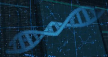 3 boyutlu DNA sarmalı saat yönünde dönmeye başlarken ızgara örtüşmesi, kod ve yay haritalama için canlandırılıyor. Moleküler, biyoteknoloji, dijital, bilimsel, yenilikçi, gelecekçi, analitik