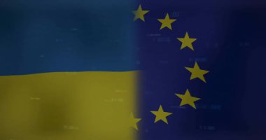 Kademe temizliği Ukrayna ve AB bayraklarını harmanlarken, kodların akışı birliği gösteriyor. Vatanseverlik, diplomasi, dijital, bağlantı, birlik, yenilik, uluslararası