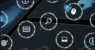 Şebeke başlatılıyor, simgeler sürükleniyor, küresel ağ büyümesini gösteren kümeler halinde yörüngede dönüyorlar. Teknoloji, yenilik, bağlantı, veri, dijital, görselleştirme, analitik