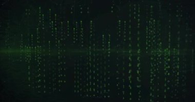 İkili akıntılar sürükleniyor ve büyüyor sonra yatay yeşil ışınlar parlaklaşan basamakları süpürüyor. Teknoloji, siber güvenlik, dijital, fütürizm, veri, ağ, soyut