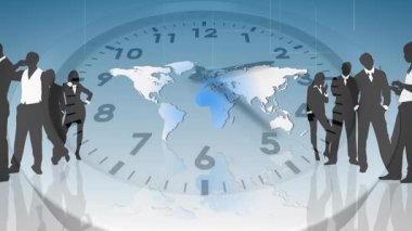 Saat haritası grafiği, kaybolan ve dönen ellerin küresel zaman senkronizasyonunu vurguladığı şekiller olarak başlatılıyor. Zaman yönetimi, küresel iş dünyası, dijital arayüz, kurumsal strateji, gelecekteki tasarım, sanal işbirliği, profesyonel ağ