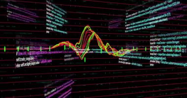 Şebeke açılışı, 3 boyutlu çoklu renk dalgalanması, yükselen zirveler, ortaya çıkan kod panelleri, dönen görünüm. Dijital, fütüristik, soyut, teknik, yenilik, hareket, teknoloji