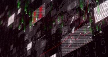 Alfanumerik ızgara açılıyor ikili veri akışı ve veri güncellemelerini gösteren kırmızı çizelge kayıyor. Siber güvenlik, dijital, teknoloji, analitik, yenilik, fütürizm, soyut